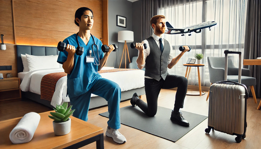 A travel nurse and a flight attendant working out in a well-lit hotel room.