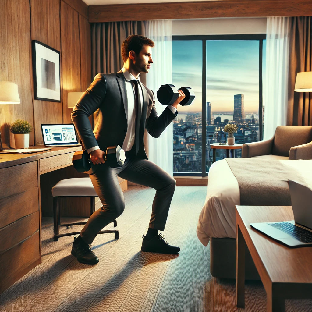 Busy professional performing a full-body workout in a modern hotel room using dumbbells, with a cityscape visible through the window.