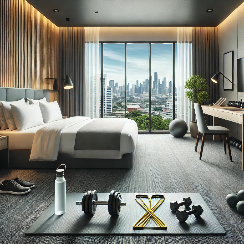 Modern hotel room transformed into a fitness space with a neatly arranged bed, workout mat on the floor, set of dumbbells, resistance bands, and a water bottle.