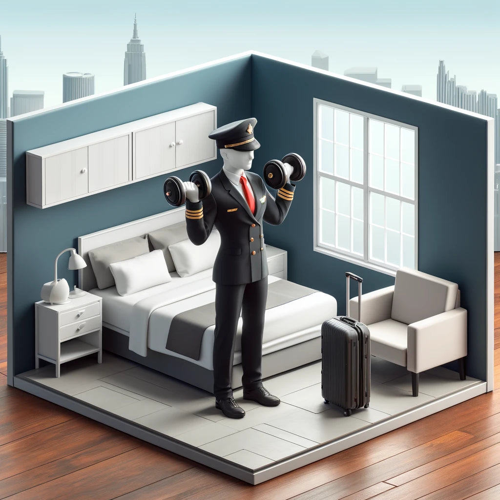 Professional traveler performing a dumbbell workout in a compact hotel room with a bed, suitcase, and city view window, showcasing fitness routine for traveling professionals.