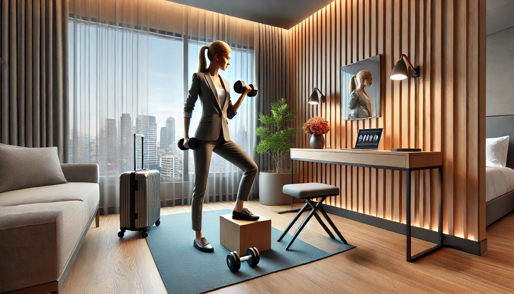 A professional woman in travel attire performs a dumbbell workout in a well-lit modern hotel room.