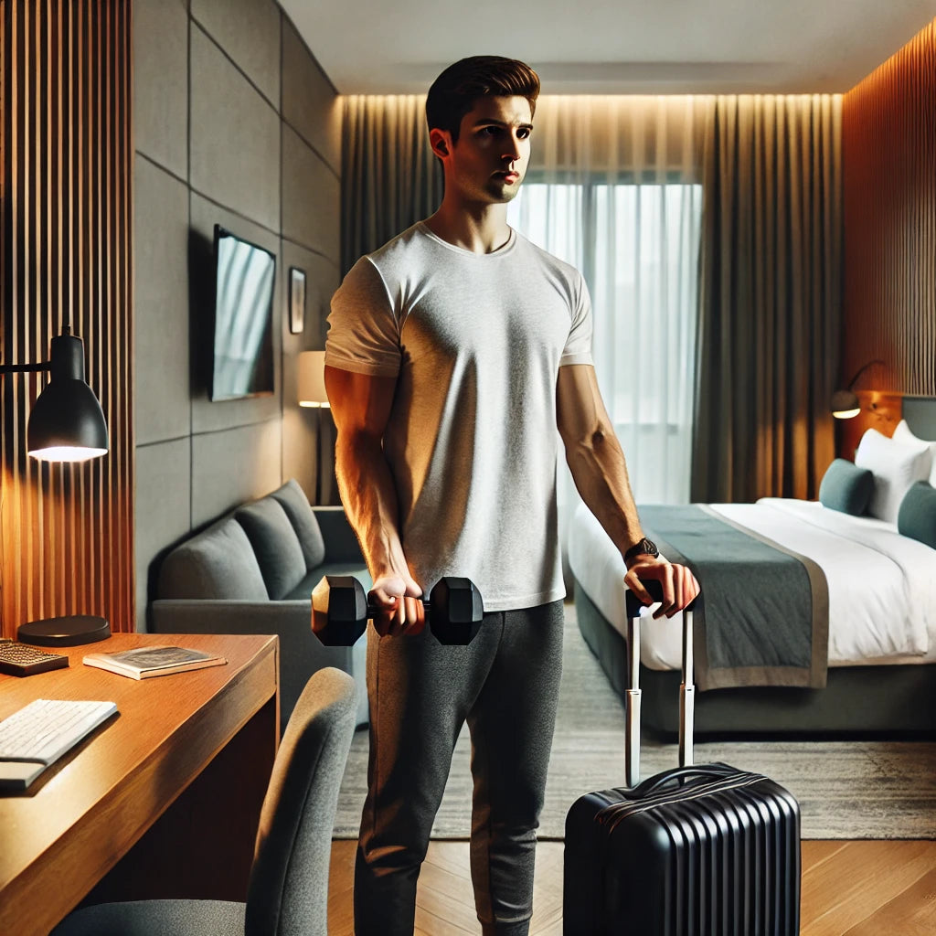 Busy professional working out with dumbbells in a modern hotel room, showing commitment to fitness while traveling. The room includes a bed, small desk, and suitcase, reflecting a traveler's environment.