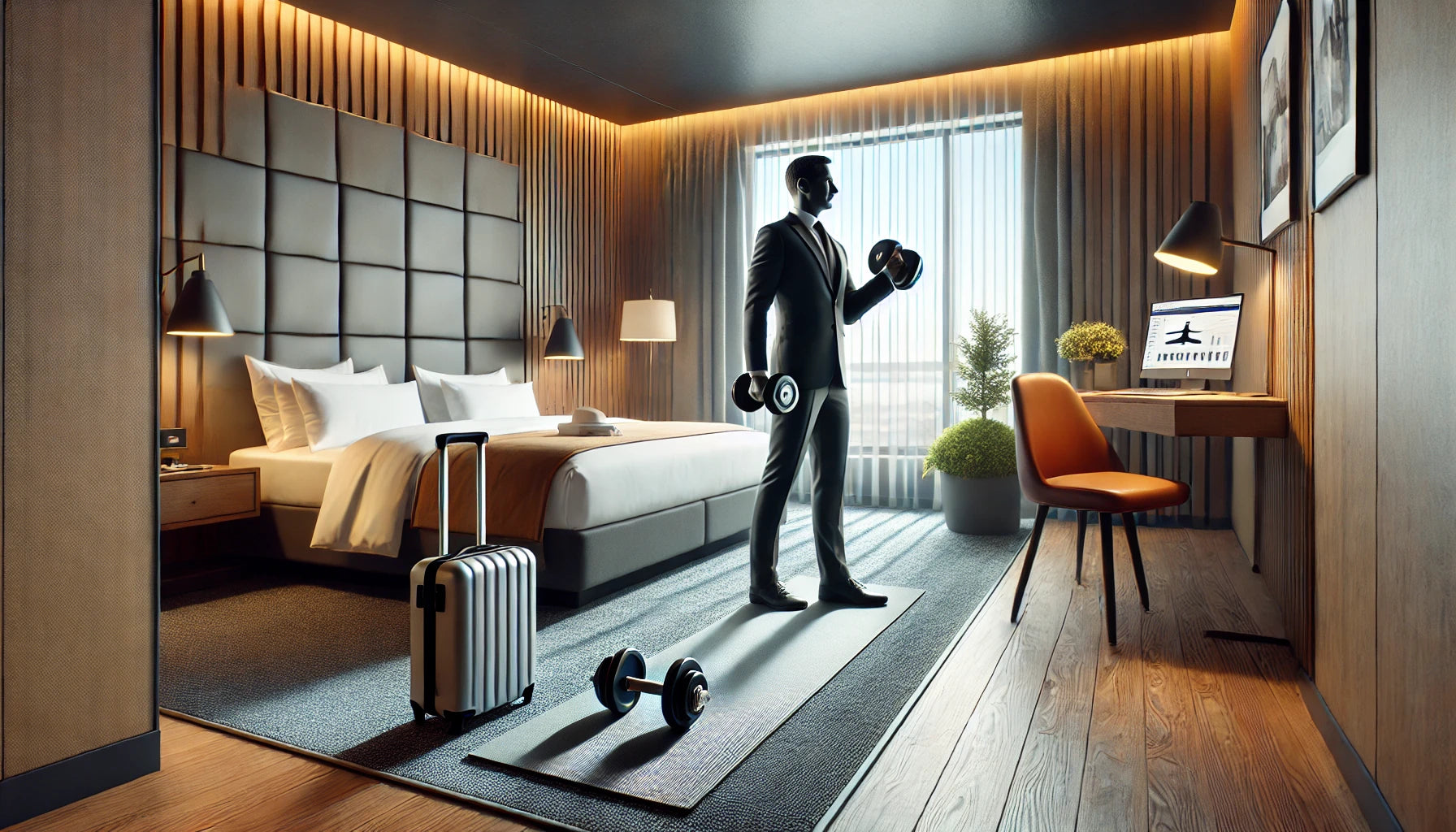 Modern hotel room with a workout area featuring a yoga mat and portable dumbbells, a business professional exercising with dumbbells, showcasing a fitness routine for traveling professionals like pilots, flight attendants, and travel nurses.