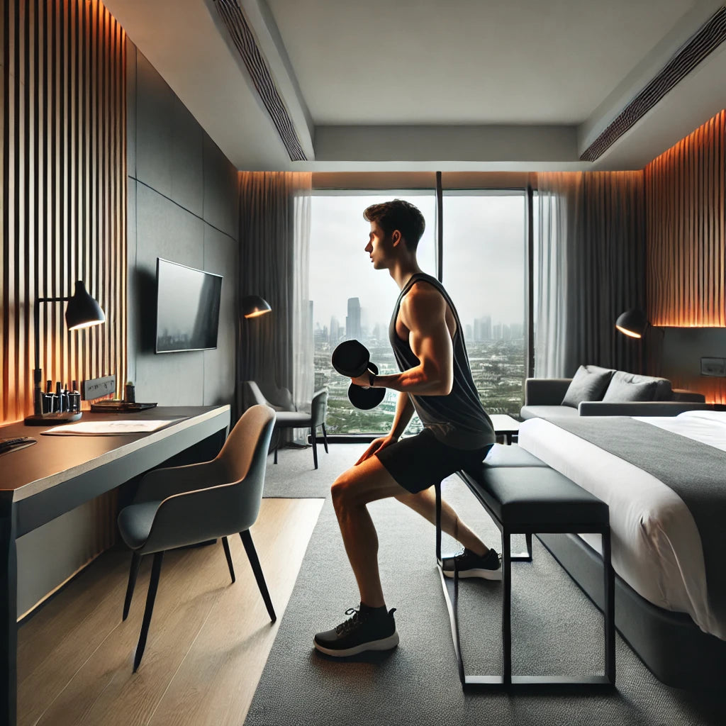 Traveling professional working out with dumbbells in a modern hotel room, demonstrating strength training exercises with proper form, emphasizing the practicality of maintaining fitness routines while on the road.