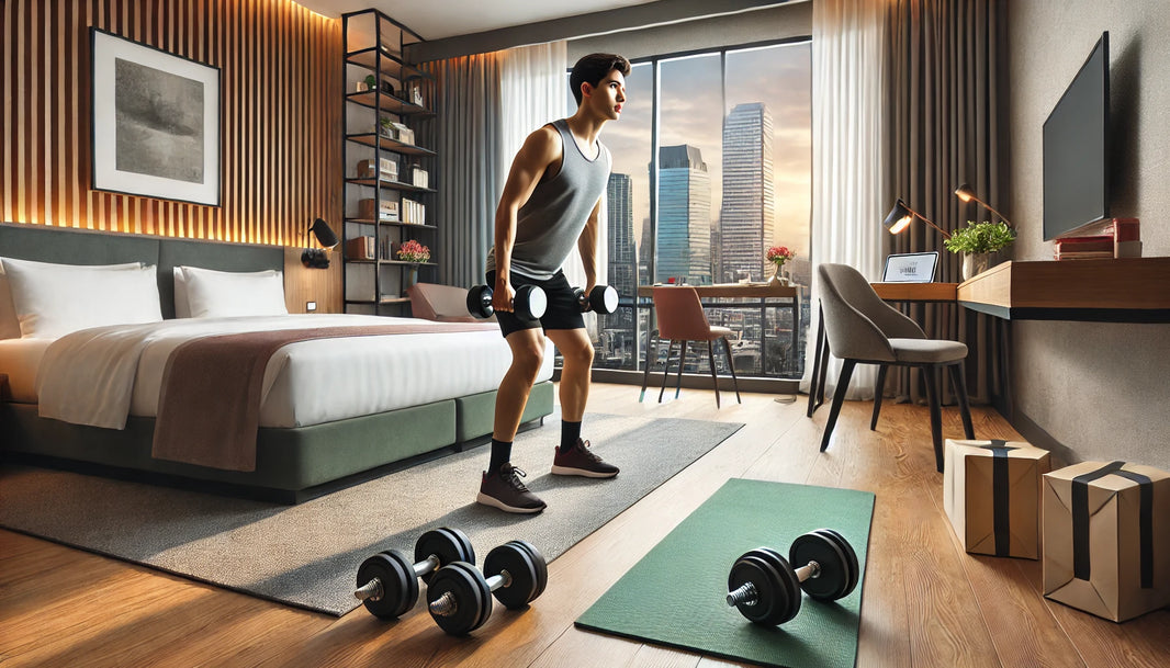 Traveler performing dumbbell exercises in a modern hotel room, equipped with a yoga mat and dumbbells, with a cityscape visible through the large window.