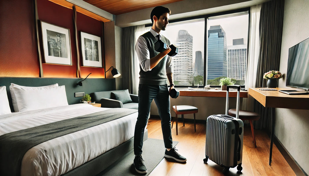 A busy professional performing a dumbbell workout in a small hotel room, with a neatly made bed, window showing an urban skyline, and a suitcase in the corner.