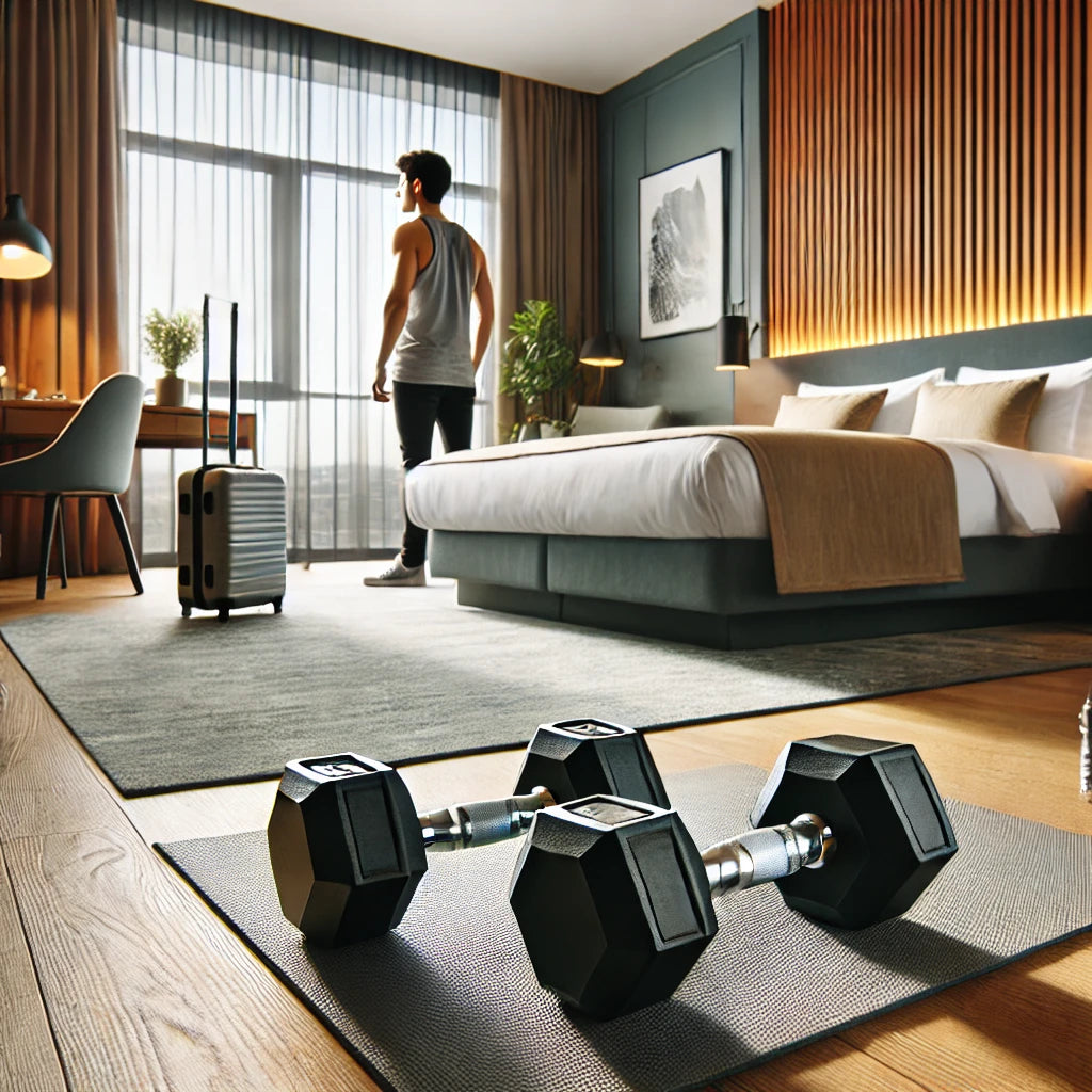 Motivated traveler in workout attire in a stylish hotel room, equipped with dumbbells and a yoga mat, ready for a fitness session in a modern, naturally lit space.