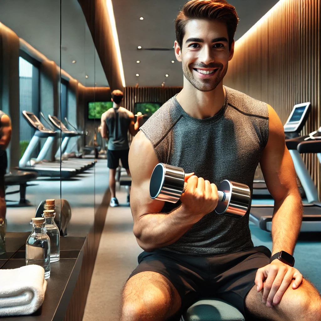Person using dumbbells in a modern hotel gym with stylish interiors, mirror wall, and workout equipment.
