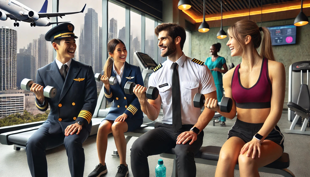 A pilot, a flight attendant, and a travel nurse working out with dumbbells in a bright hotel gym, engaging with each other and showcasing camaraderie, with modern gym equipment and a cityscape view in the background.