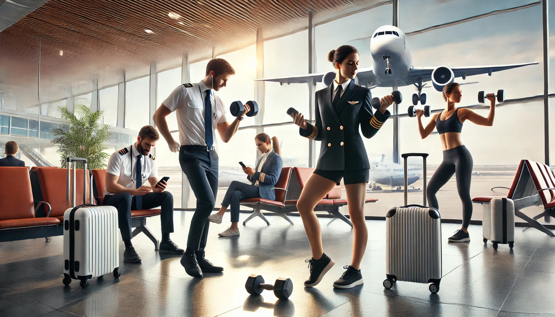 Traveling professionals including a pilot, flight attendant, and travel nurse performing a quick dumbbell workout in a busy airport lounge.