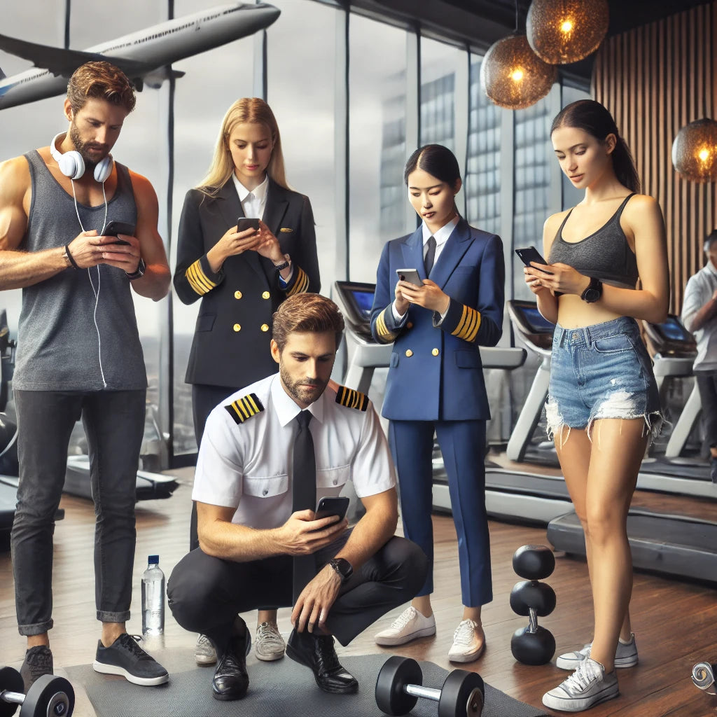 A diverse group of traveling professionals, including a pilot, flight attendant, and travel nurse, using their phones to check fitness hashtags while working out in a modern hotel gym
