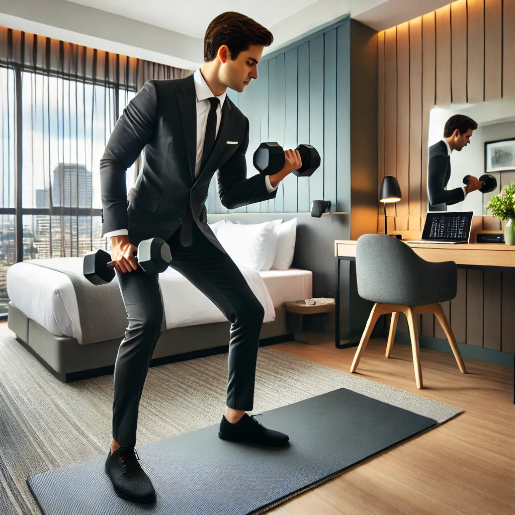 Traveling professional performing a dumbbell workout on a yoga mat in a bright, organized hotel room with a cityscape view, demonstrating efficient use of space for fitness routines while traveling.
