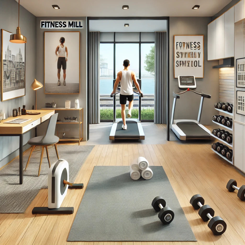 Modern gym at the Fitness Mill with compact exercise equipment, motivational posters, dumbbells, a yoga mat, and a fitness instructor guiding a workout, ideal for traveling professionals.