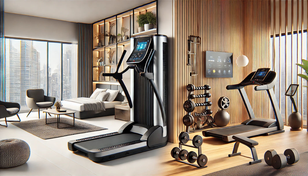 Comparison between a sleek, portable Fitness Mill designed for small spaces like hotel rooms, and a traditional gym with a wide range of equipment in a spacious environment.