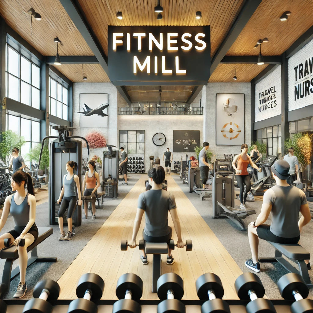 Modern Fitness Mill gym interior with dumbbells, exercise machines, and travelers like pilots, flight attendants, and travel nurses working out in a clean, organized environment.