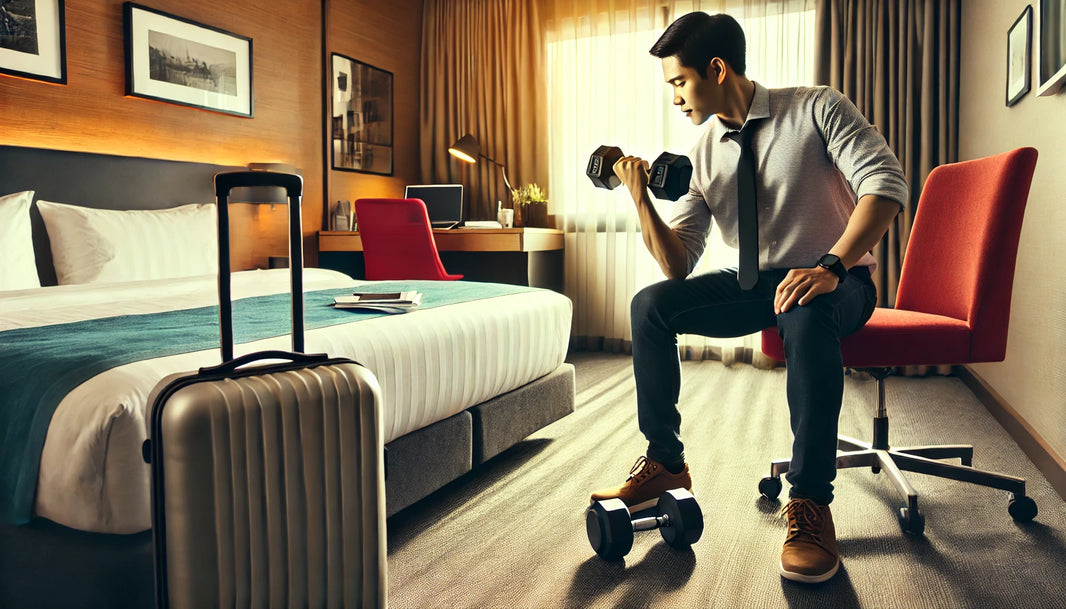 Traveling professional working out with dumbbells in a small hotel room, performing a bicep curl with determination.