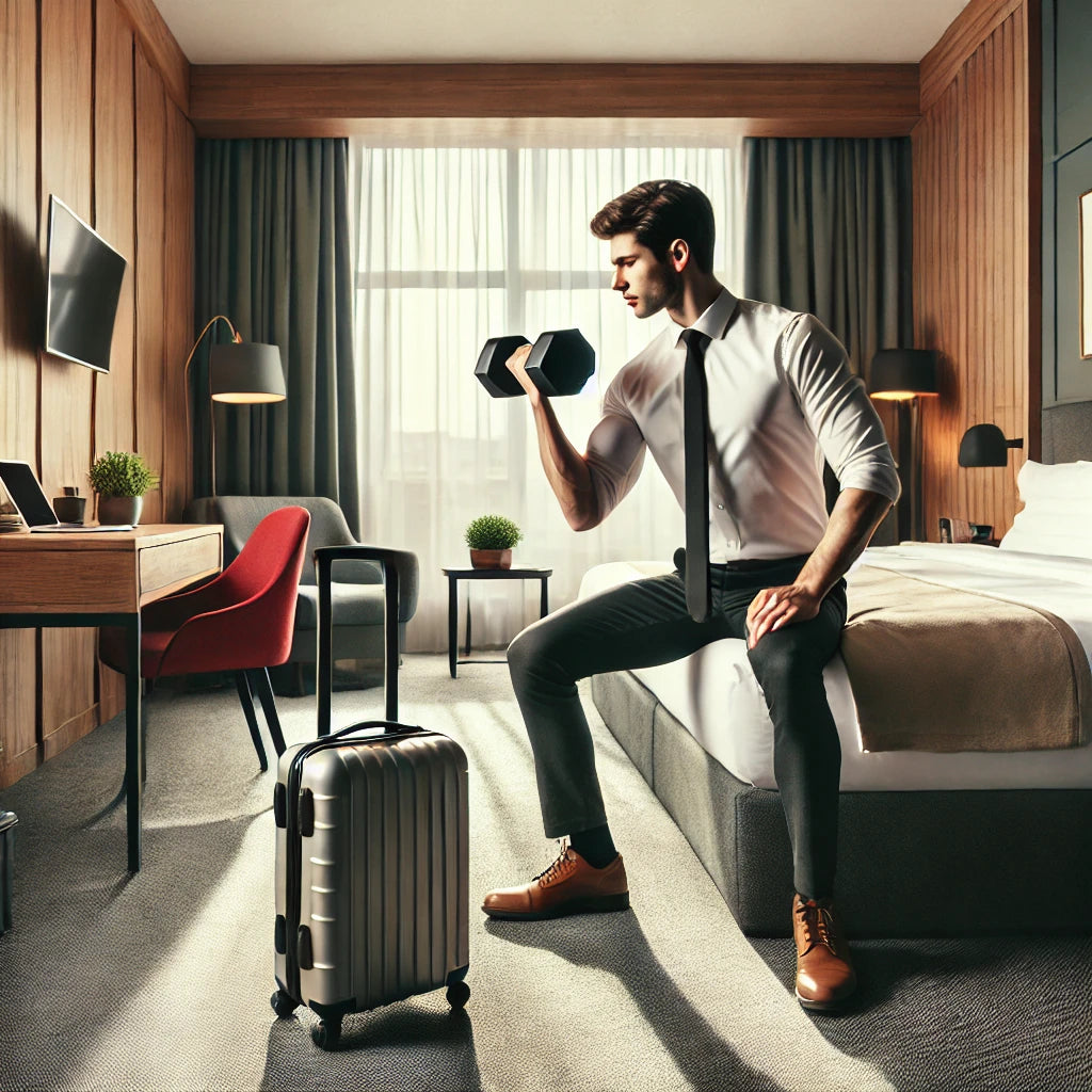Professional traveler working out with dumbbells in a well-lit hotel room, showing determination and focus in a compact space.