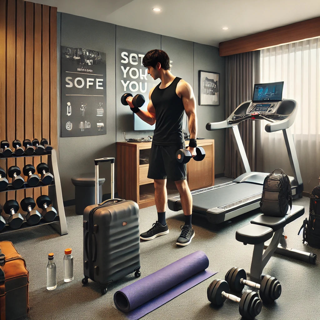 A traveling professional working out with dumbbells in a small, well-organized hotel gym with limited equipment including a treadmill and a yoga mat.