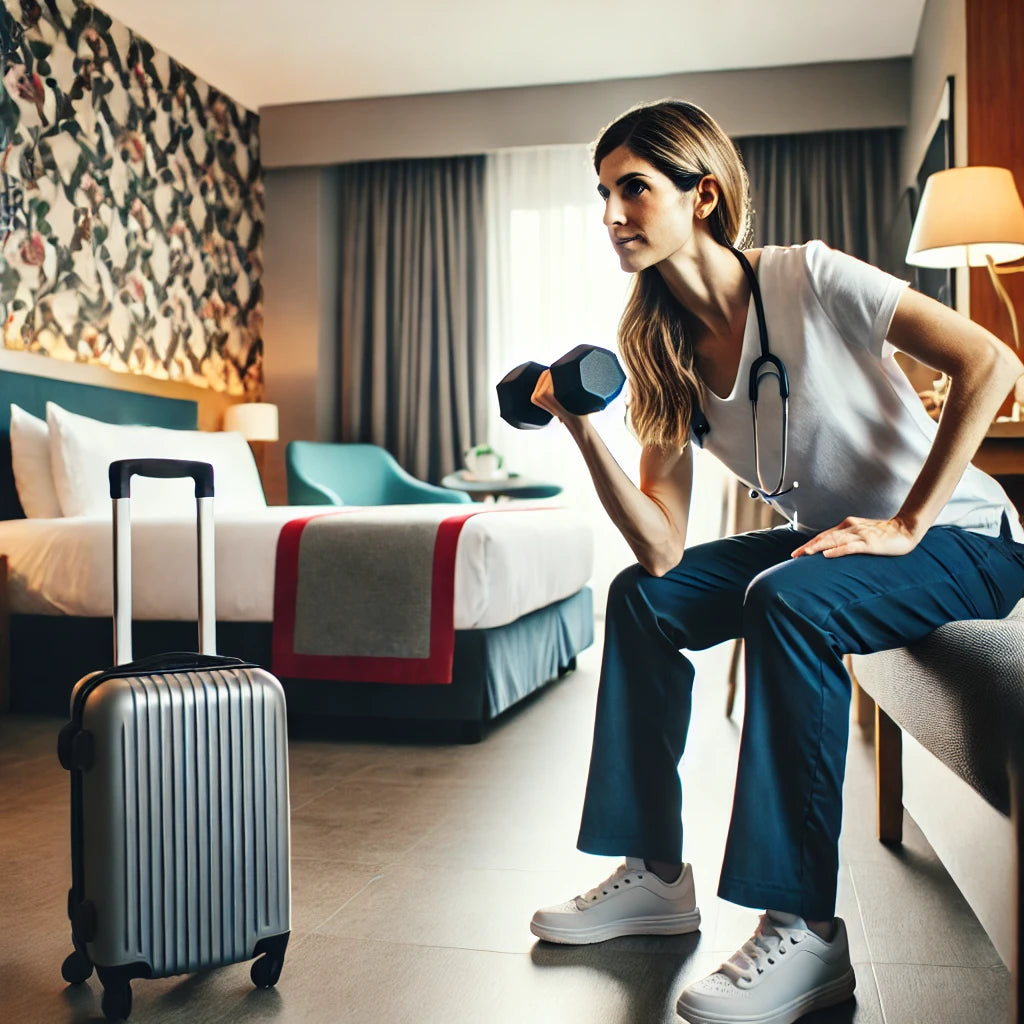 Travel nurse performing a dumbbell workout in a tidy, well-lit hotel room, demonstrating an efficient routine in a compact space with a bed and suitcase in the background.