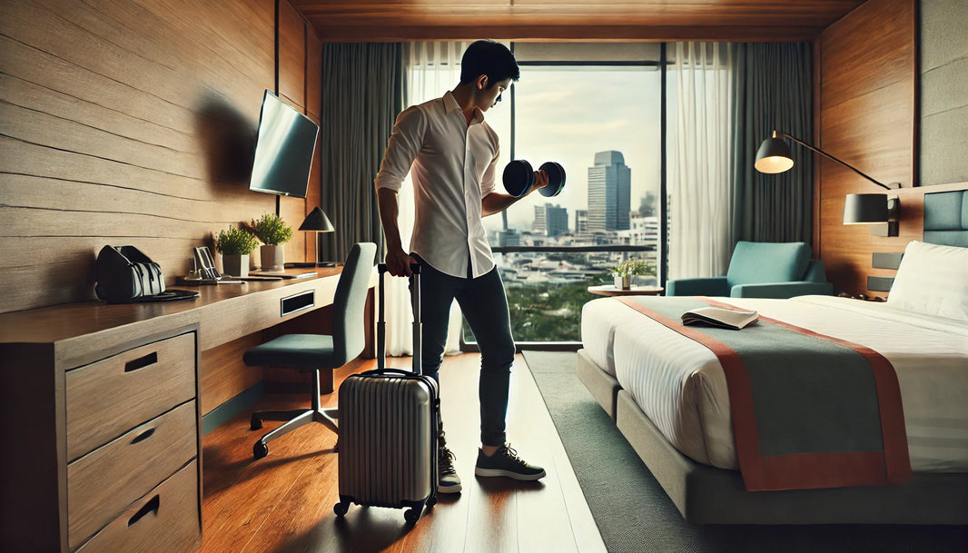 A traveling professional in a modern hotel room performing a dumbbell exercise, demonstrating how to stay fit while on the road.