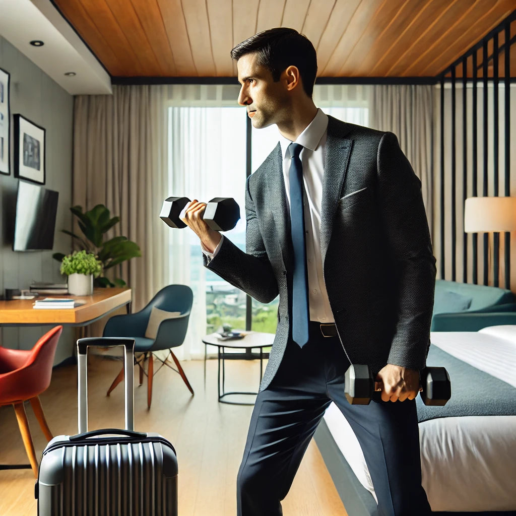 A busy professional performing a dumbbell workout in a modern hotel room with minimalistic decor, showcasing the practicality of maintaining fitness while traveling.