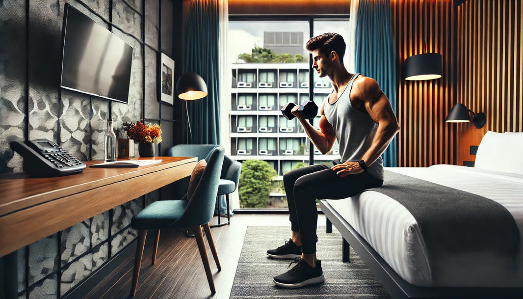 Busy professional performing a dumbbell workout in a stylish hotel room with an urban cityscape view, showcasing a practical fitness routine for travelers.