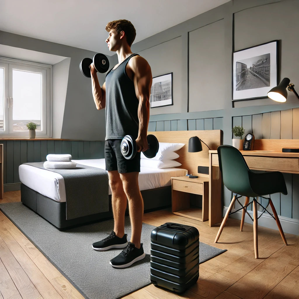Traveling professional performing a dumbbell shoulder press in a small hotel room, demonstrating how to maintain fitness in limited spaces with minimal equipment.