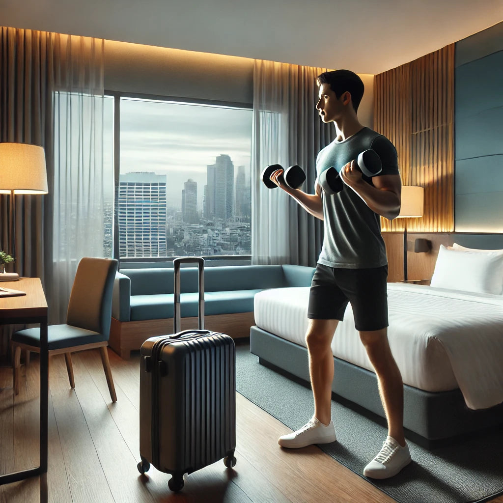 A travel professional doing dumbbell lunges in a well-lit hotel room with a neat bed, suitcase, and city view window.