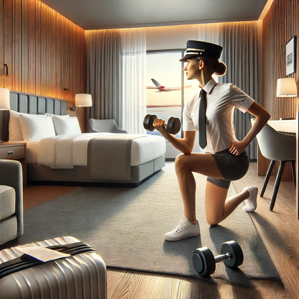 A flight attendant performing a dumbbell workout in a well-lit hotel room, utilizing minimal furniture to efficiently use the small space for exercise, highlighting the convenience of maintaining fitness routines while traveling.