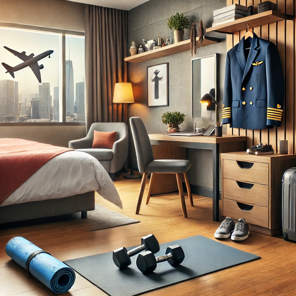 Hotel room transformed into a workout space with dumbbells and yoga mat on the floor, pilot's uniform hanging, and a cityscape visible through the window, illustrating a fitness setup for busy travelers.