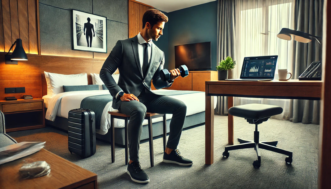 Busy professional performing a dumbbell workout in a modern hotel room, demonstrating versatile exercises for staying fit while traveling.