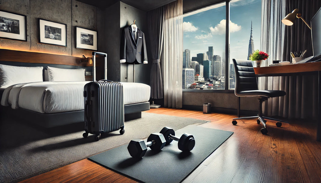 A small hotel room set up for a workout with a pair of dumbbells on a yoga mat near a window showing a cityscape view.