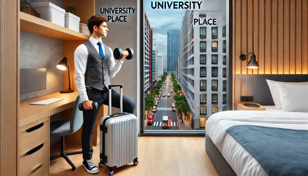 Traveling professional performing a dumbbell workout in a small, well-organized hotel room at University Place.