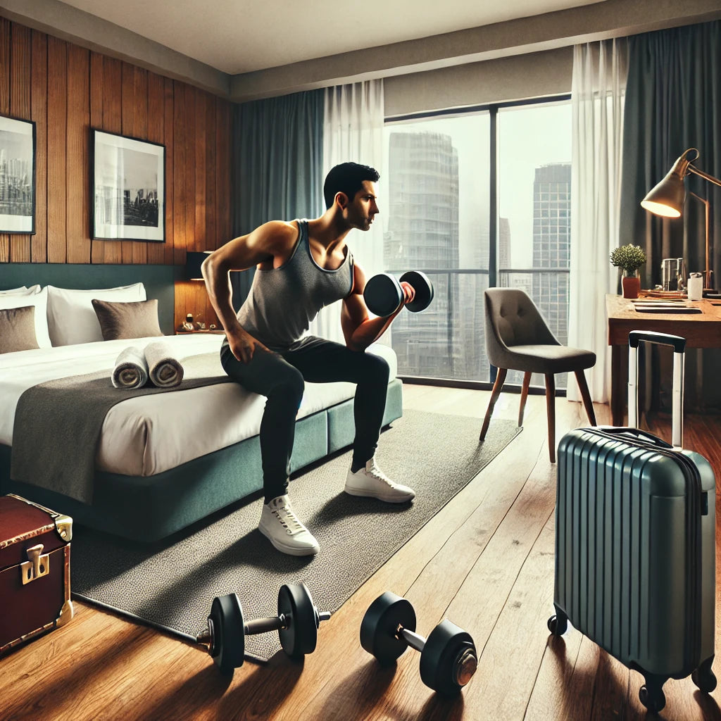 A professional traveler in a hotel room performing a dumbbell shoulder press, showcasing a convenient and space-efficient workout routine for busy travelers.