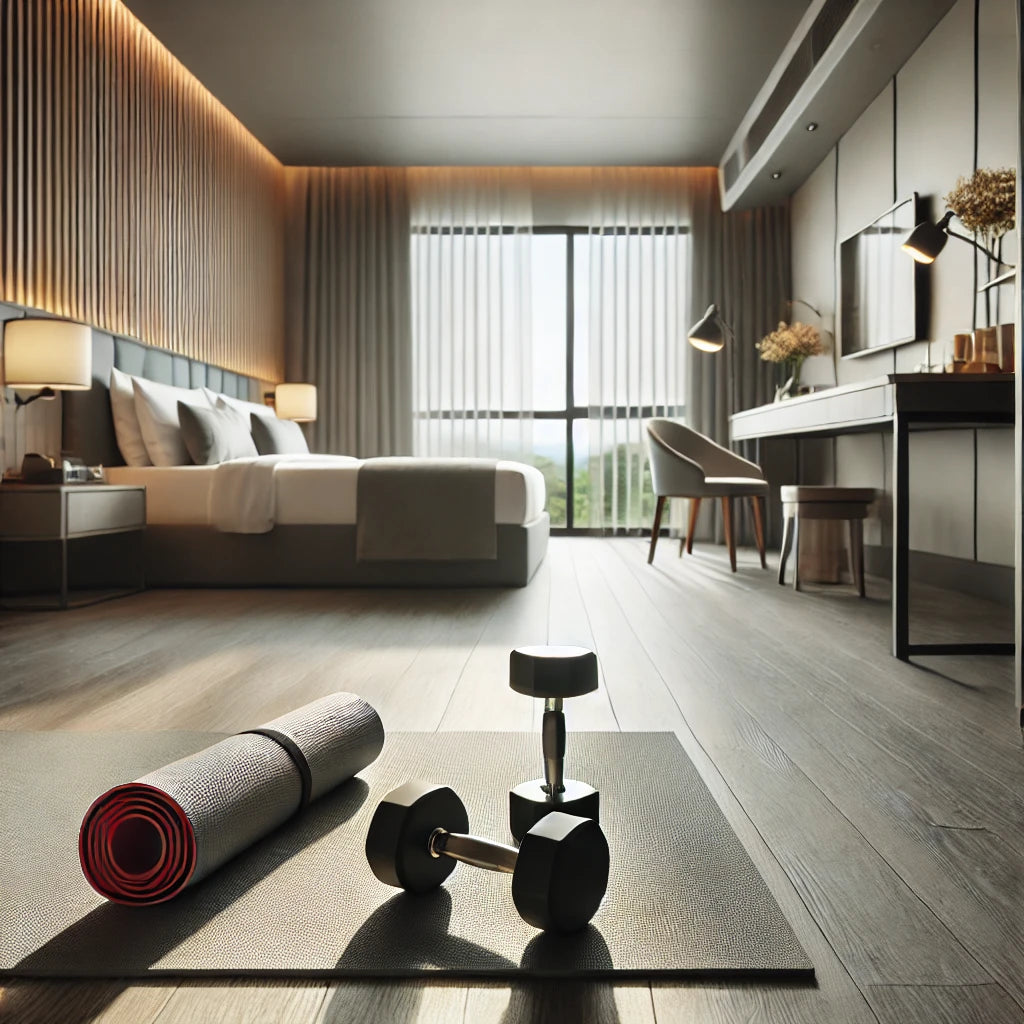 Modern hotel room at University Place with dumbbells, yoga mat, and resistance band for in-room workouts.