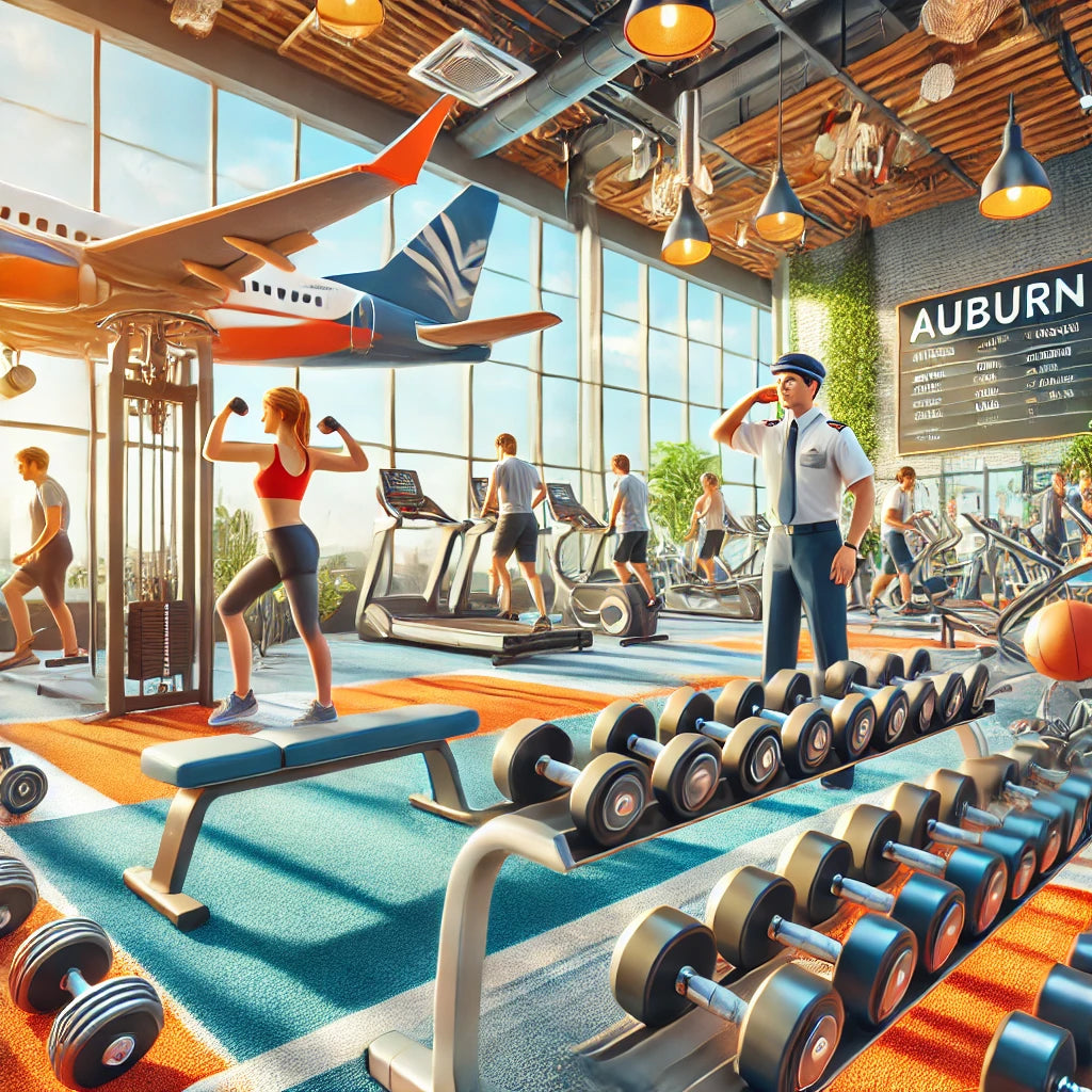 Traveling professionals working out in a well-equipped gym in Auburn, Alabama, including a pilot lifting weights, a flight attendant on a treadmill, and a travel nurse stretching.