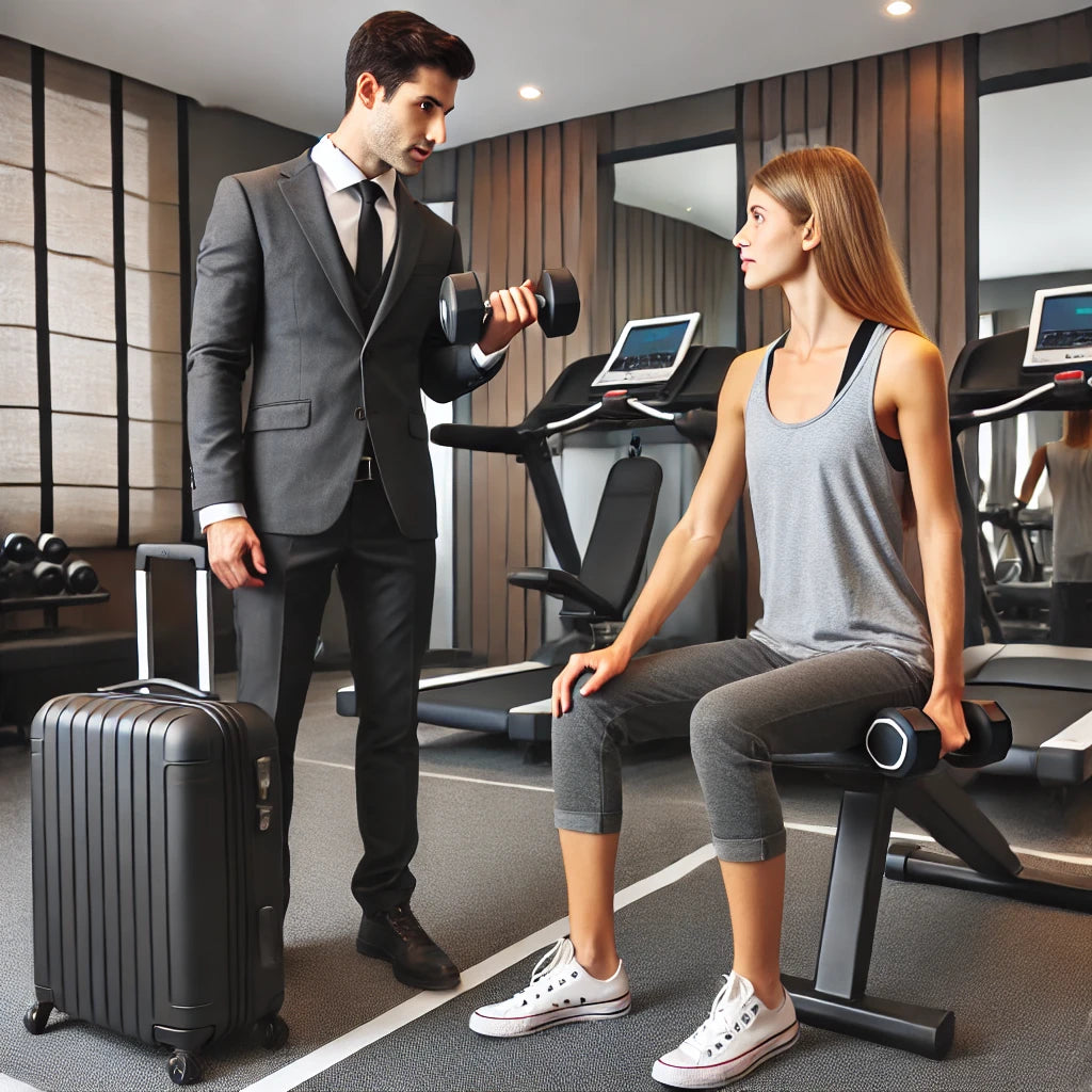 A professional gym trainer advising a traveling professional in a small hotel gym, demonstrating a dumbbell exercise. The gym is equipped with compact workout gear, perfect for travel professionals.