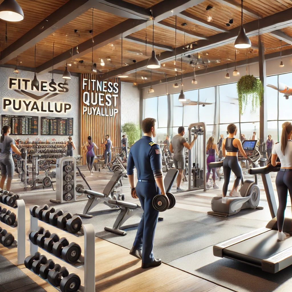Modern gym interior at Fitness Quest Puyallup featuring various exercise equipment, including treadmills, dumbbells, and resistance machines.