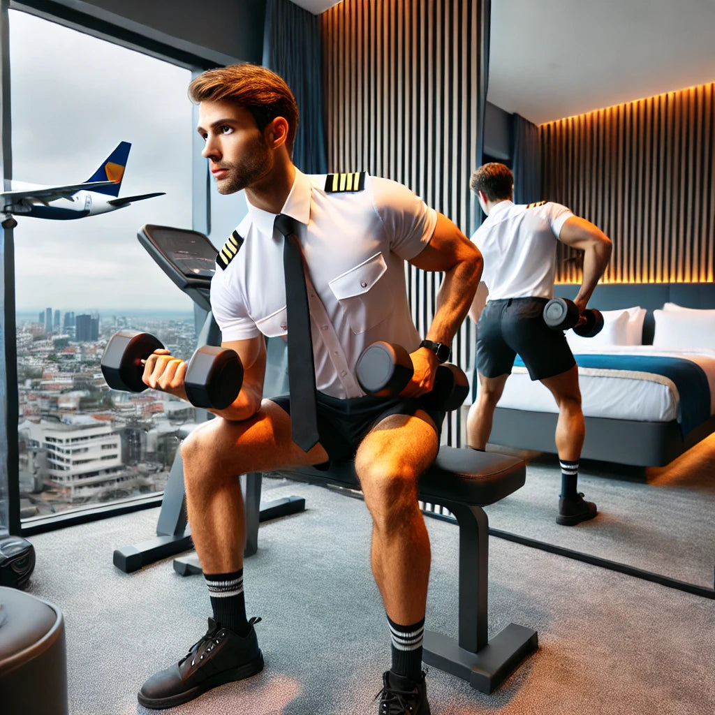 Traveling professional performing a dumbbell workout in a modern hotel room with minimal gym equipment and a city view, demonstrating convenience and efficiency in maintaining fitness while traveling.