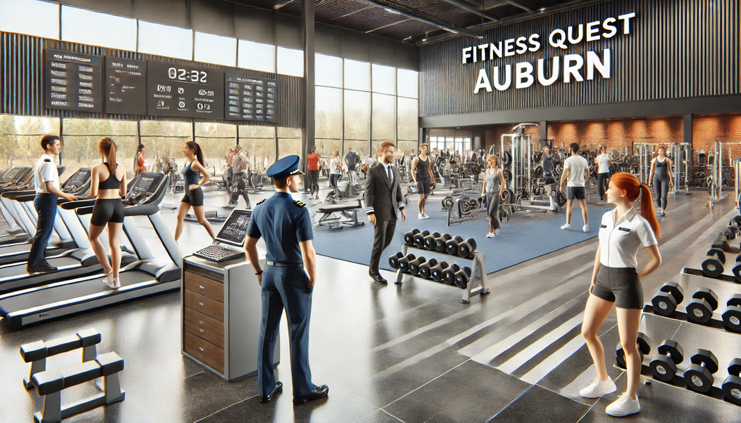Modern gym interior at Fitness Quest Auburn with state-of-the-art fitness equipment including treadmills, dumbbells, and exercise machines.