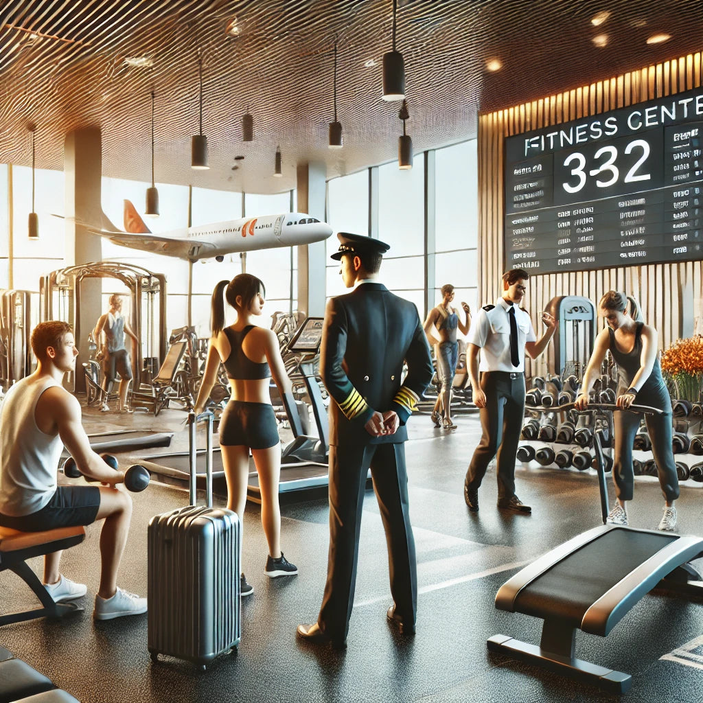 A modern gym with state-of-the-art equipment, showing a pilot, a flight attendant, and a travel nurse working out.