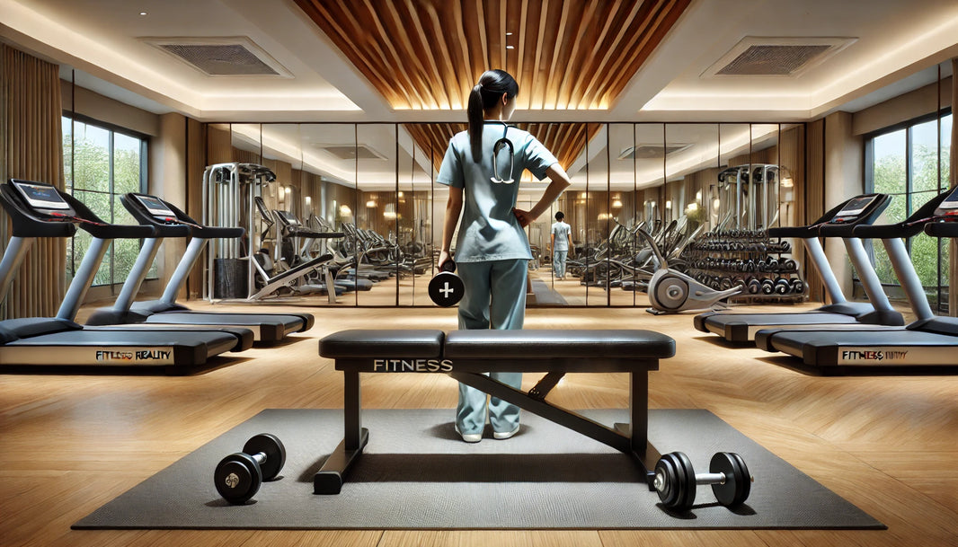 Travel nurse performing a dumbbell workout on the Fitness Reality Bench in a modern, well-lit hotel gym with sleek equipment and mirrors.