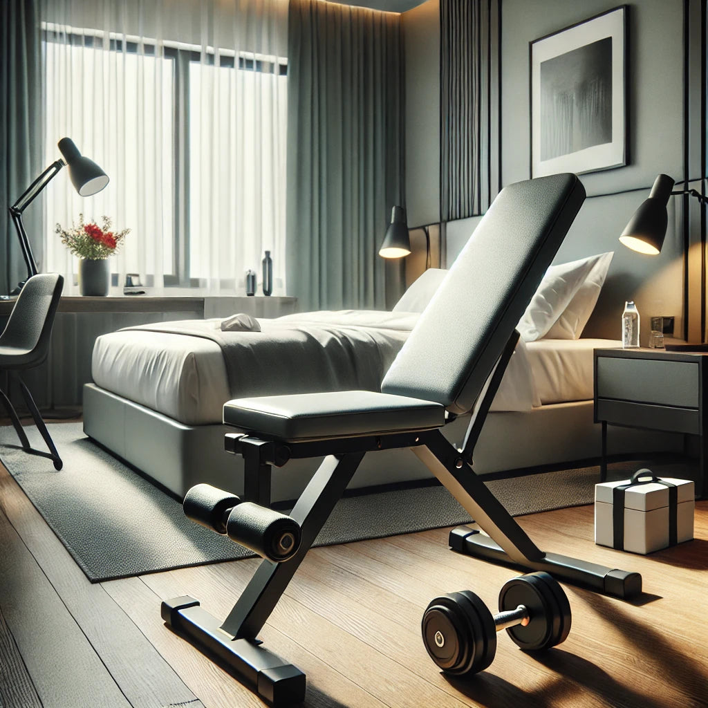 Sleek and compact Fitness Reality Bench set up in a modern hotel room with natural light streaming in, showcasing its versatility and space-saving design.