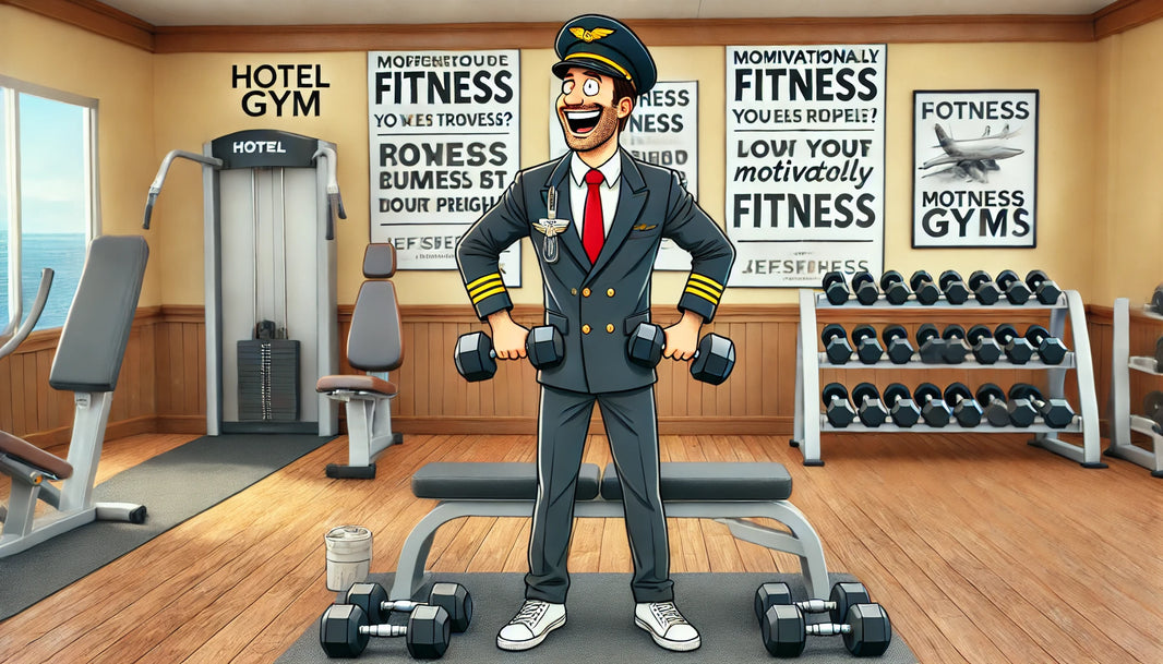 A smiling flight attendant lifting dumbbells in a small, modern hotel gym. 