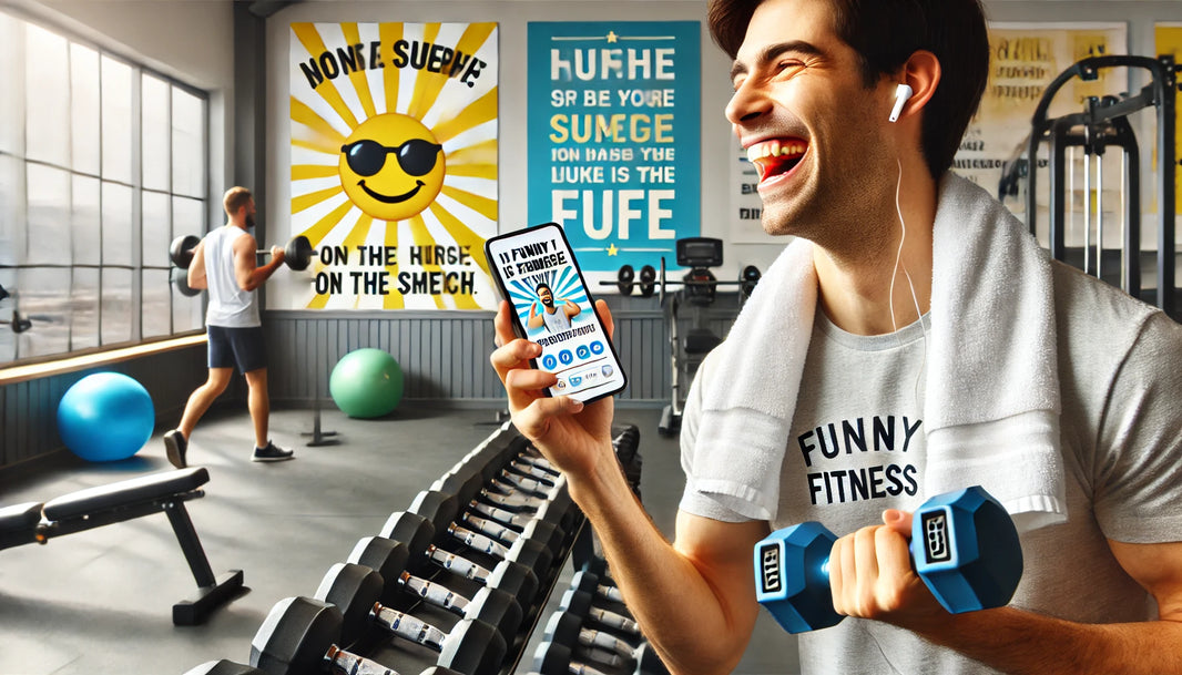 A cheerful gym setting with a person holding dumbbells, laughing, and looking at a phone screen displaying funny fitness quotes.