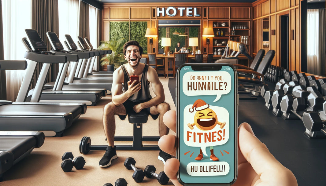 A person laughing while working out in a hotel gym, looking at funny fitness quotes on their phone.