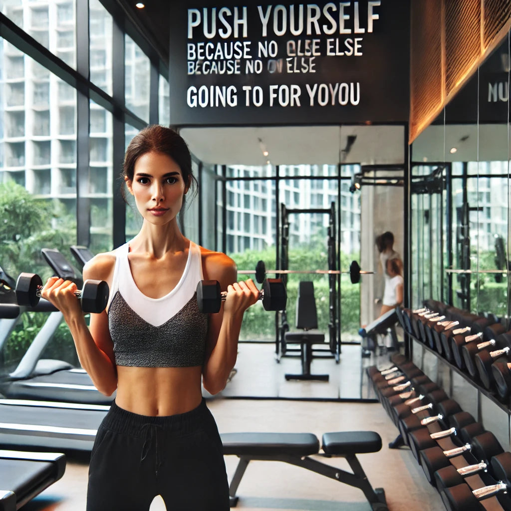 Fitness-focused woman lifting dumbbells in a hotel gym, with a motivational quote on the wall saying, "Push yourself because no one else is going to do it for you." She wears comfortable workout clothes, embodying strength and confidence.