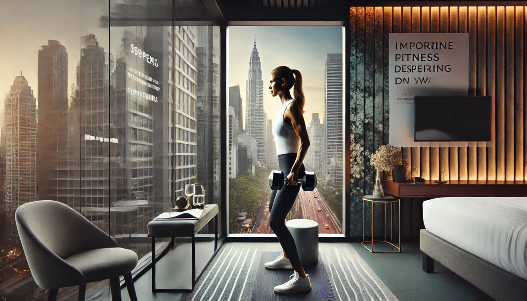 A strong and determined woman performing a dumbbell workout in a stylish hotel room with a cityscape view through the window.
