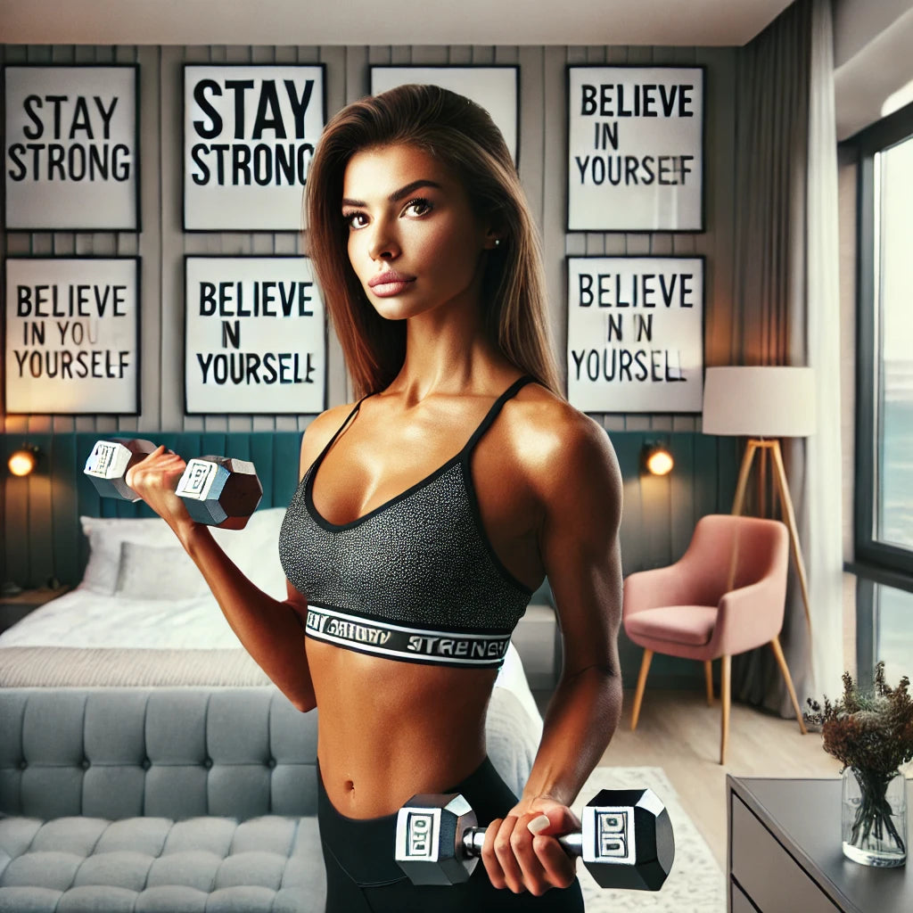 A confident and motivated woman in athletic wear, exercising with dumbbells in a modern hotel room.