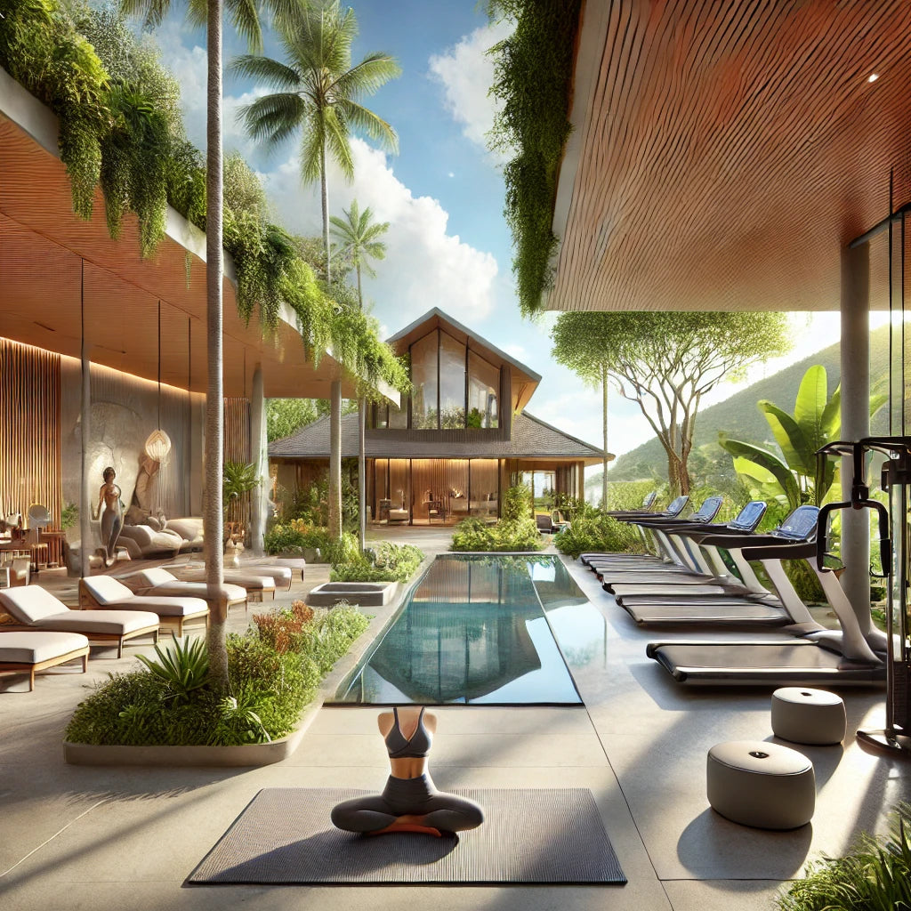 Luxurious tropical fitness retreat with state-of-the-art gym equipment, an outdoor yoga area, and a tranquil spa, designed for traveling professionals like pilots, flight attendants, and travel nurses.